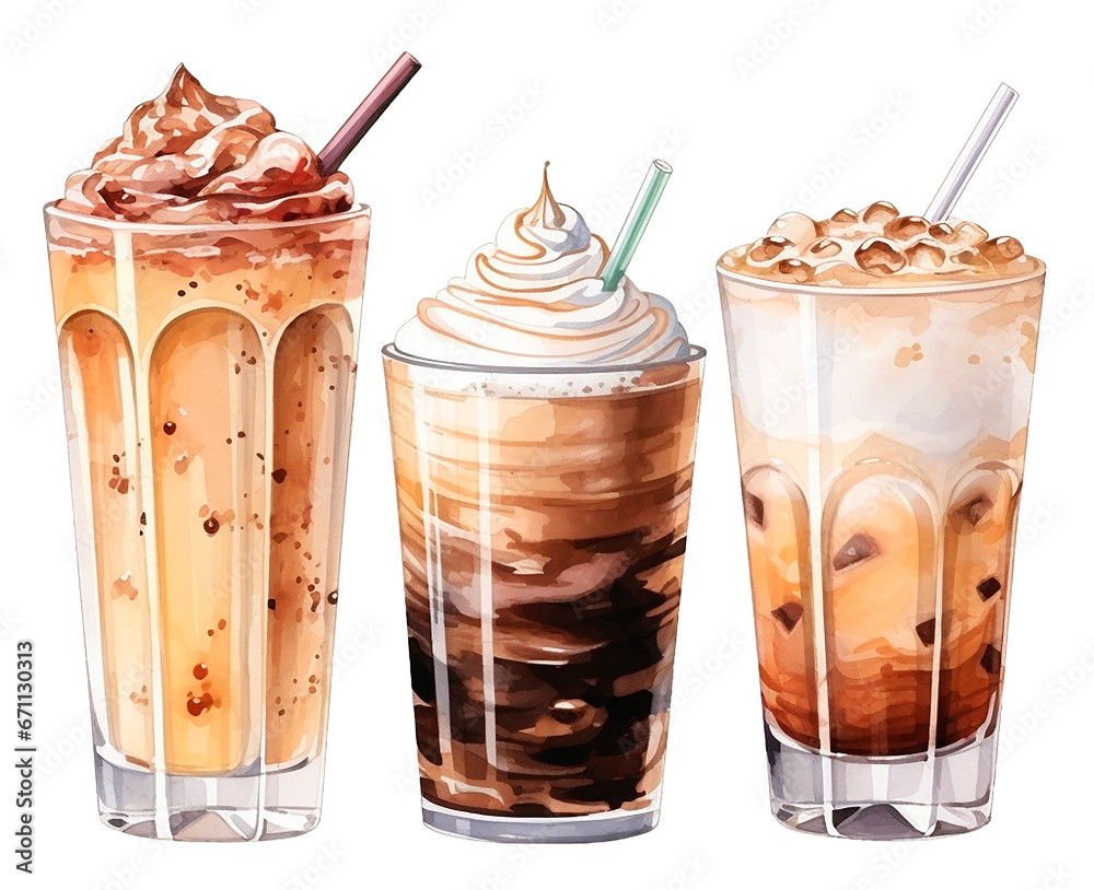 watercolor drawing, set with coffee drinks in glasses. sweet cold coffee drinks with milk and whipped cream.