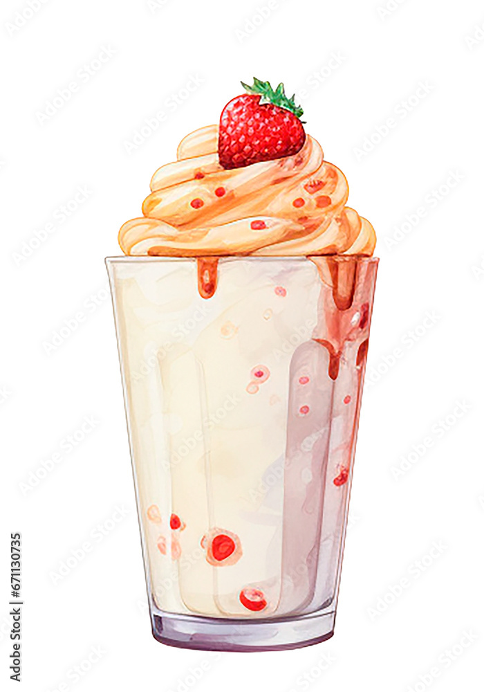 watercolor drawing, strawberry milkshake in a glass glass. illustration in vintage style.