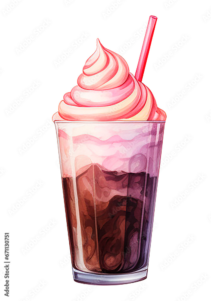 watercolor drawing, strawberry milkshake in a glass glass. illustration in vintage style.