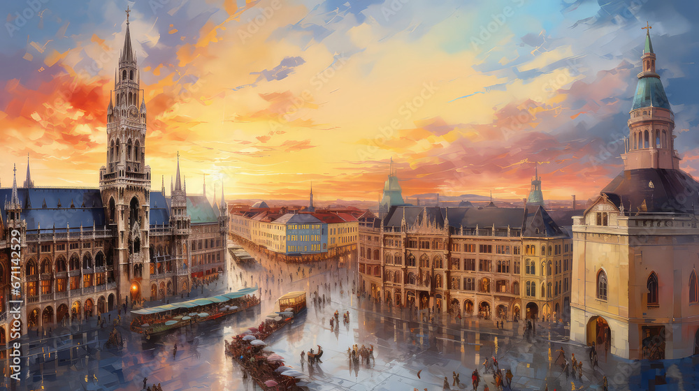 oil painting on canvas, Hamburg City at sunset. Germany.