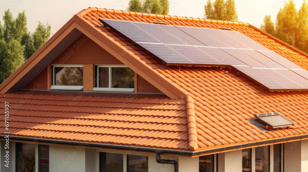 A house with solar panels on the roof. Concept of Sustainable and clean energy at home.