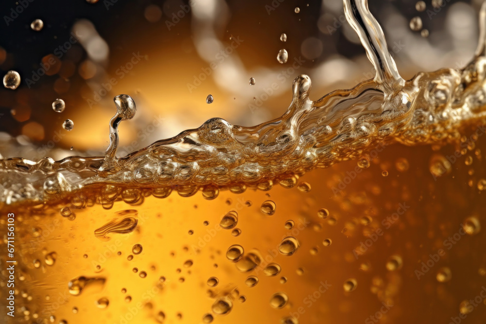 Close up background of beer with bubbles in glass. Pouring beer with bubble froth in glass for background on front view wave curve shape.