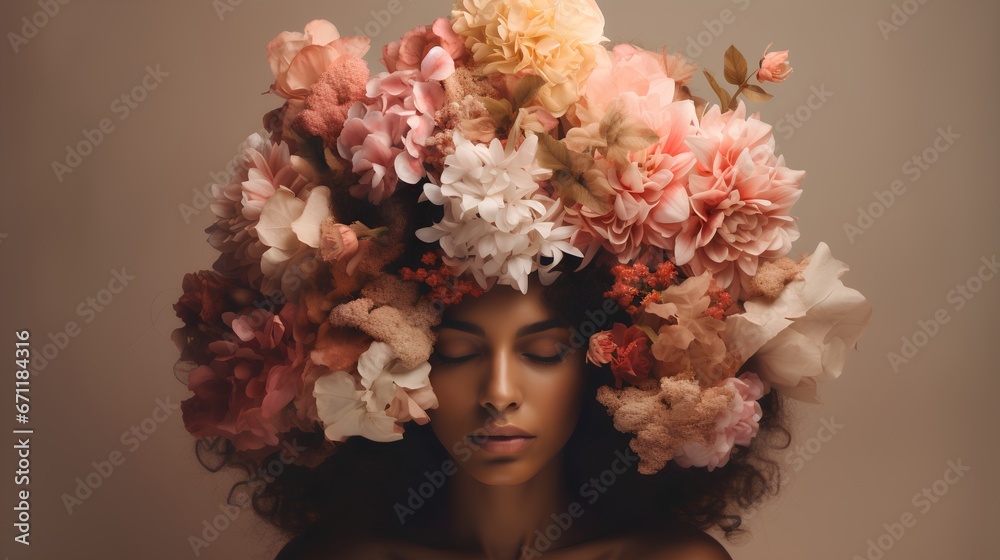 Mental health awareness and self care. Happiness and inner peace with strong and feminine personality. Psychological balance for mother or female. Woman with her head covered with flowers.