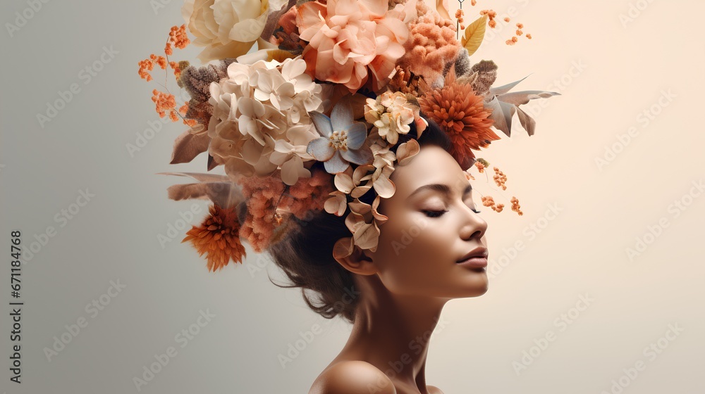 Mental health awareness and self care. Woman with her head covered with flowers. Happiness and inner peace with strong and feminine personality. Psychological balance for mother or female.