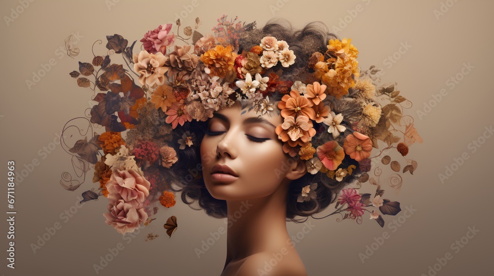 Mental health awareness and self care. Happiness and inner peace with strong and feminine personality. Psychological balance for mother or female. Woman with her head covered with flowers.