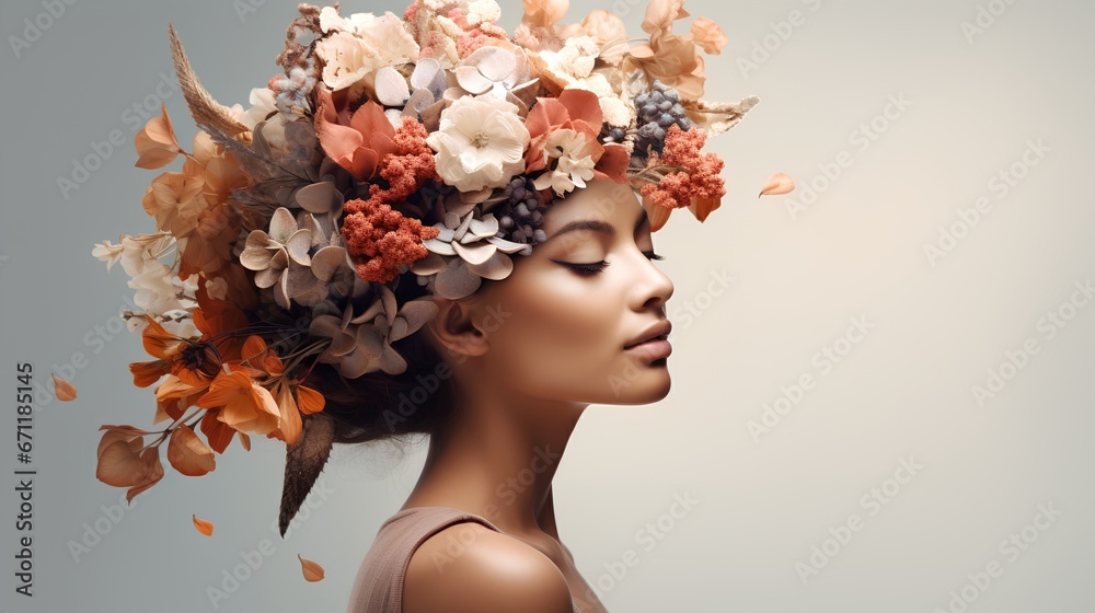 Mental health awareness and self care. Happiness and inner peace with strong and feminine personality. Psychological balance for mother or female. Woman with her head covered with flowers.