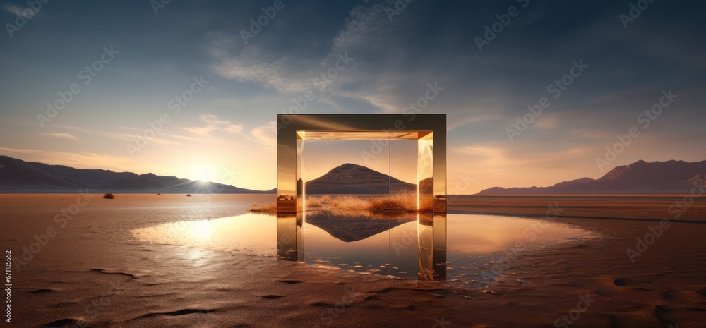 Fantasy world, futuristic fantasy image. Surreal landscape with water and colorful sand. Podium, display on the background of abstract glass, mirror shapes and objects.	 