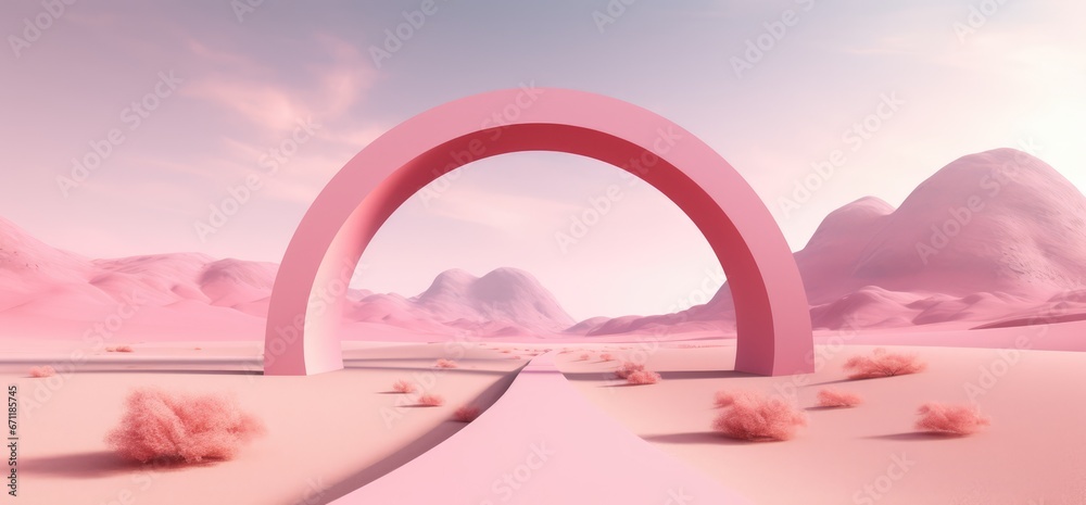 Fantasy world, futuristic fantasy image. Surreal landscape with water and colorful sand. Podium, display on the background of abstract glass, mirror shapes and objects.	