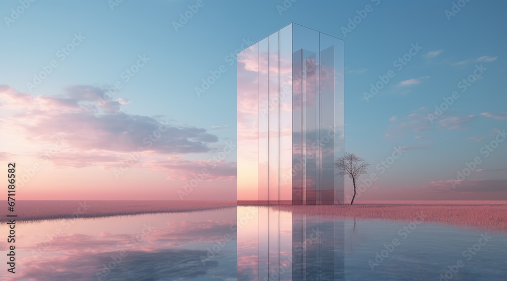 Fantasy world, futuristic fantasy image. Surreal landscape with water and colorful sand. Podium, display on the background of abstract glass, mirror shapes and objects.	 