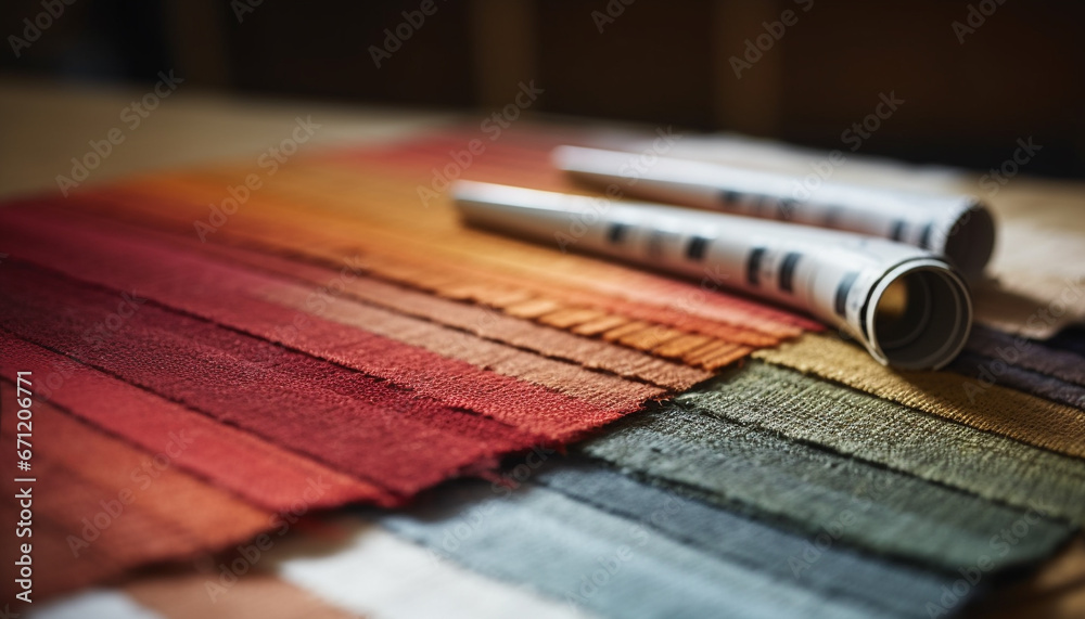 Woven wool rug stack, striped pattern, selective focus, home decoration generated by AI