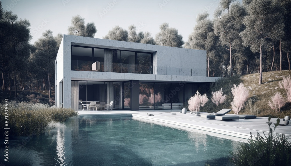 Modern luxury apartment with swimming pool surrounded by nature landscape generated by AI