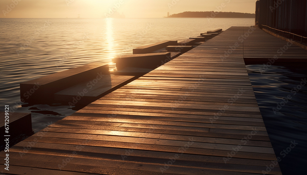 Tranquil sunset on wooden jetty, reflecting beauty in nature seascape generated by AI