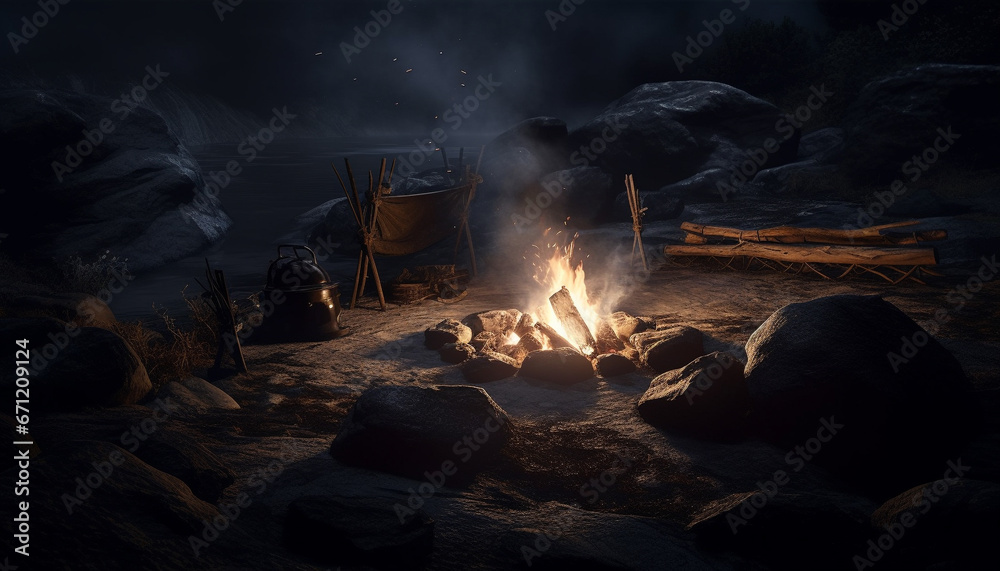 Burning firewood heats the campfire on the mountain at night generated by AI