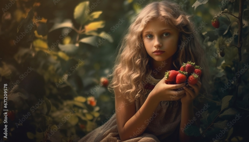 Smiling girls holding fresh strawberry, enjoying nature beauty in summer generated by AI