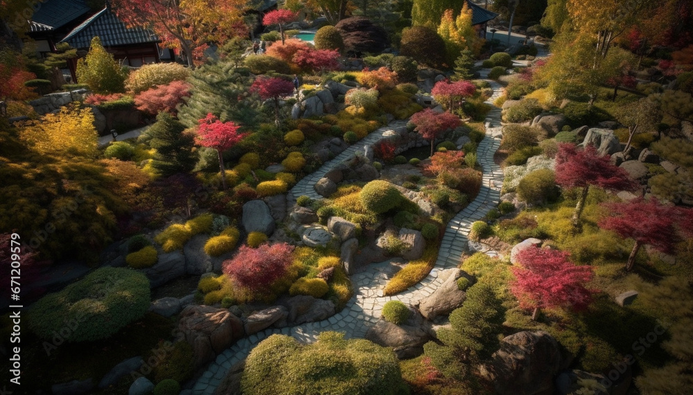 Tranquil Japanese garden showcases autumn beauty with colorful foliage generated by AI