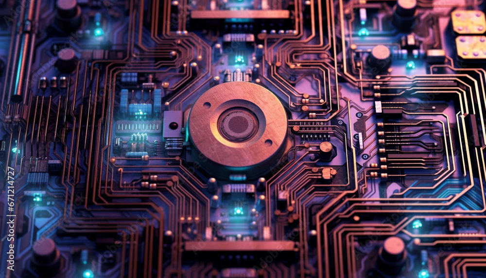 Complexity of modern computer equipment inside a digitally generated image generated by AI