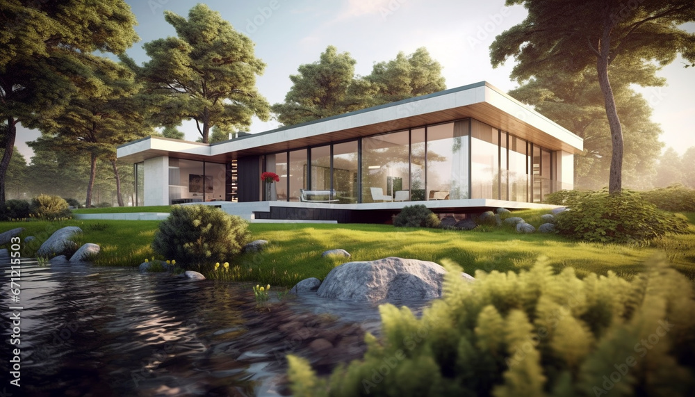 Modern luxury home with elegant formal garden and swimming pool generated by AI