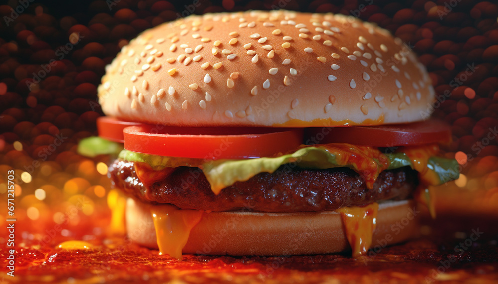 Grilled gourmet cheeseburger with fresh tomato on sesame bun, fries takeout generated by AI