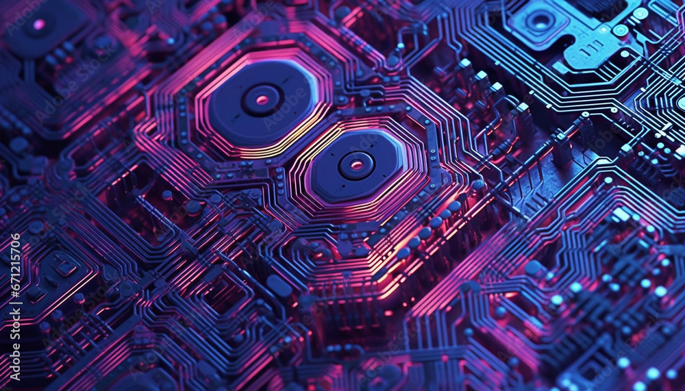 Futuristic computer chip pattern glows inside complex circuit board row generated by AI