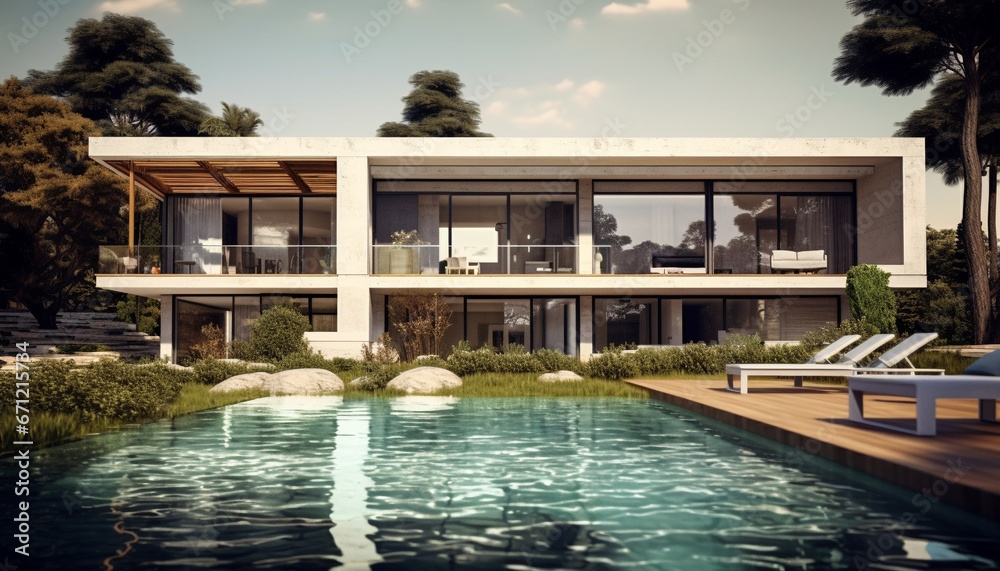 Luxury modern architecture with infinity pool, tropical palm trees, and relaxation generated by AI