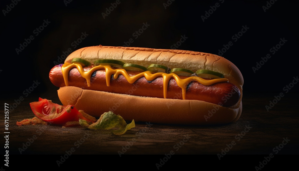 Grilled beef hot dog on a bun with ketchup and onion generated by AI