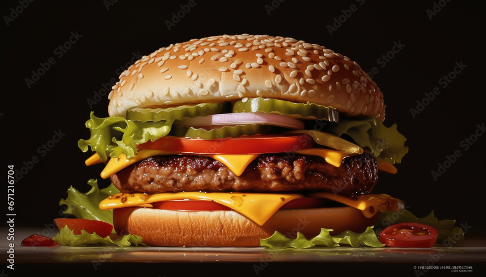 Grilled gourmet cheeseburger with fresh tomato and onion on sesame bun generated by AI