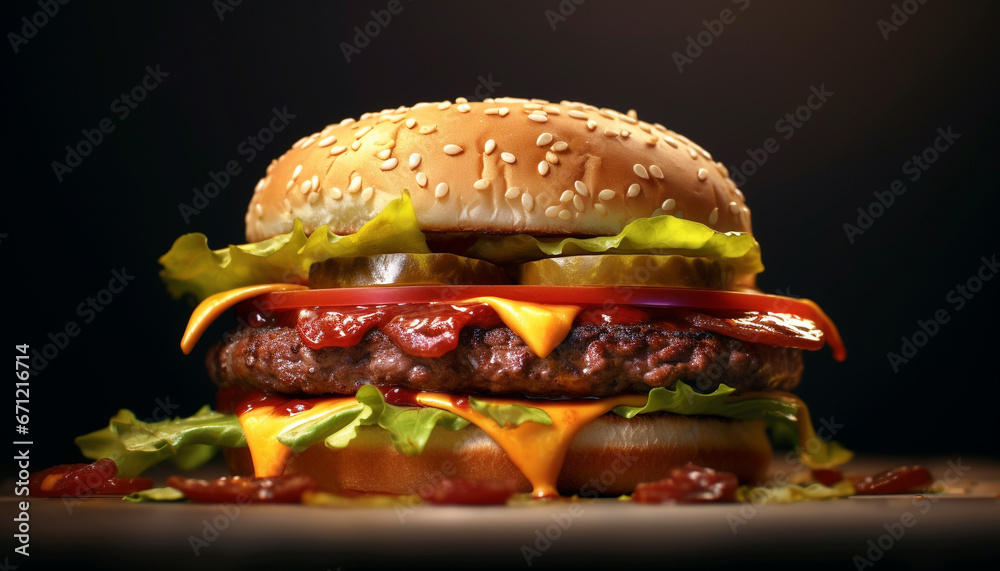 Grilled cheeseburger on a sesame bun, with fresh tomato and onion generated by AI