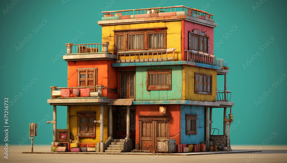 Vibrant colors paint old Caribbean building, city life at dusk generated by AI