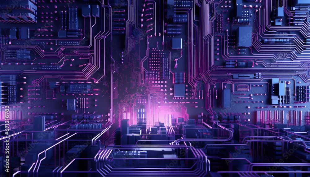 Futuristic computer chip glows inside motherboard, powering complex network server generated by AI