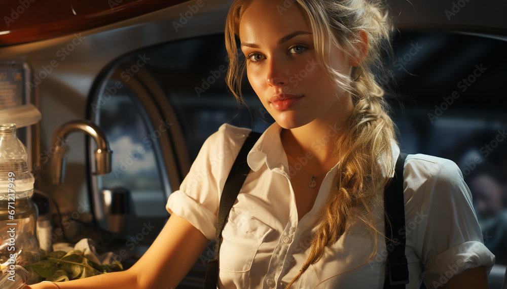 A young woman with blond hair sitting inside a car generated by AI