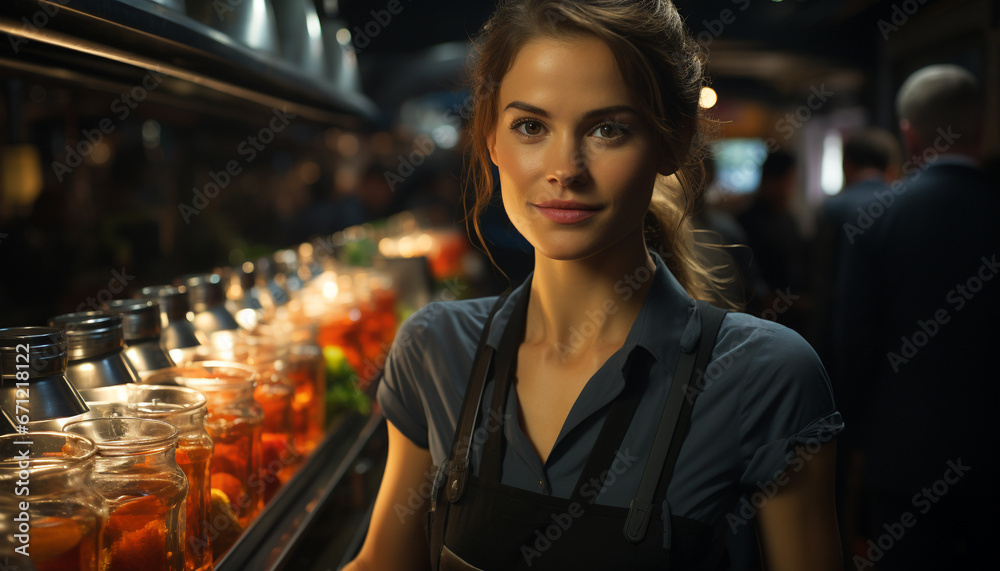 Young women smiling, looking at camera, inside a bar generated by AI