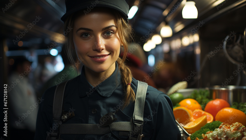 Smiling adult woman looking at camera, indoors, happiness, young women generated by AI