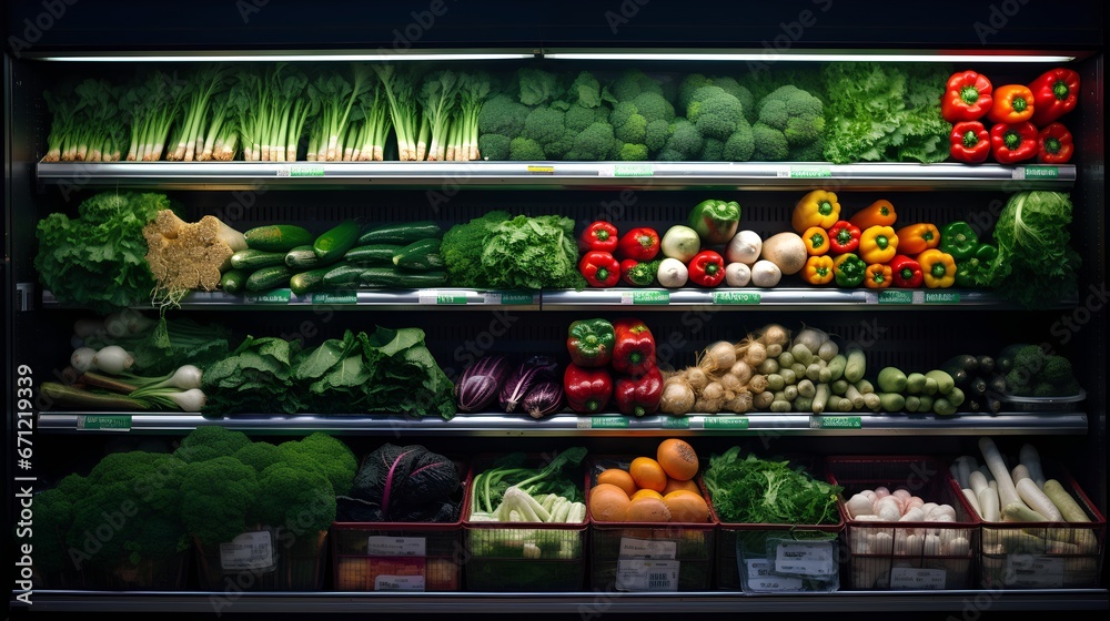 Healthy diet food in a grocery store. Variety of colorful vegetables, leafy greens, and legumes, all essential for a balanced and nutrient rich diet. Healthy and fresh eating habits.