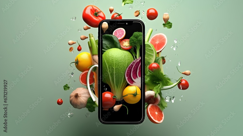 Mobile phone for grocery shopping. Colorful vegetables ordered from e-commerce website. Order food products from internet and smartphone. Healthy and organic food checkout in web.