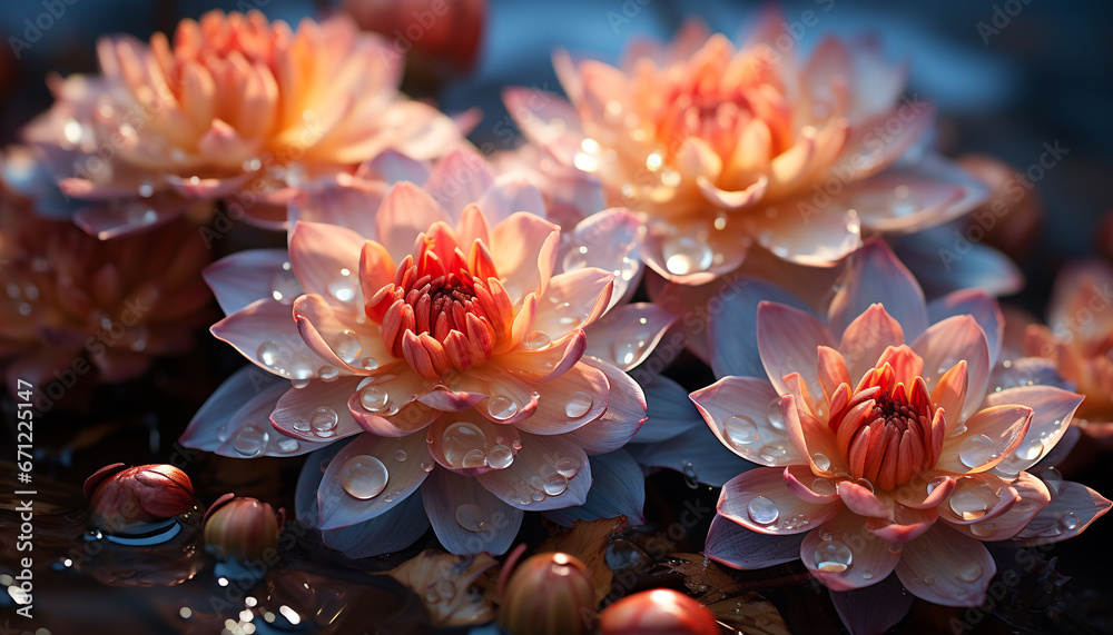 Vibrant pink lotus flower blossoms in a lush green pond generated by AI