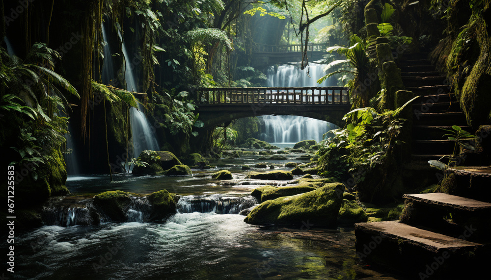 Tranquil scene of flowing water in tropical rainforest, surrounded by green foliage generated by AI