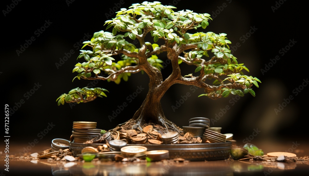 A green leaf grows wealth on a wooden table, naturally generated by AI