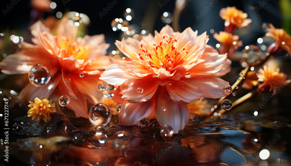 Vibrant colors of nature bouquet reflect in the wet pond generated by AI