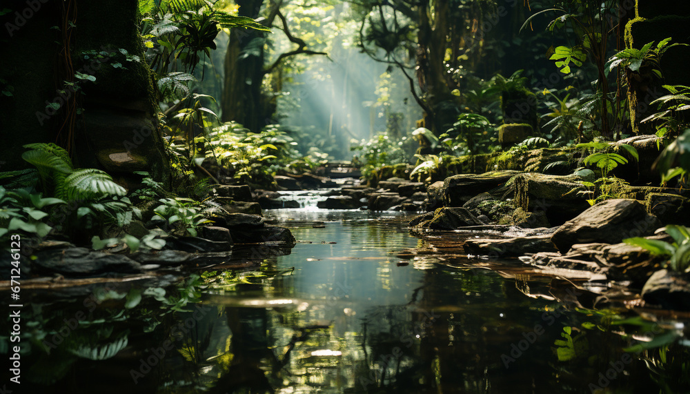 Tranquil scene of a tropical rainforest, reflecting beauty in nature generated by AI