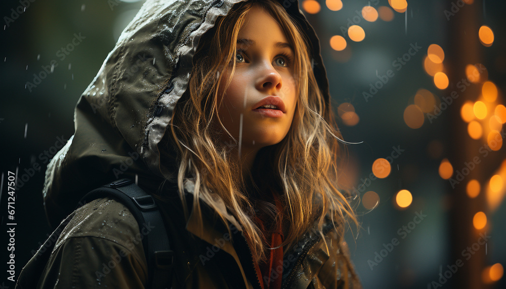 Smiling women in wet nature, looking at camera, walking in rain generated by AI