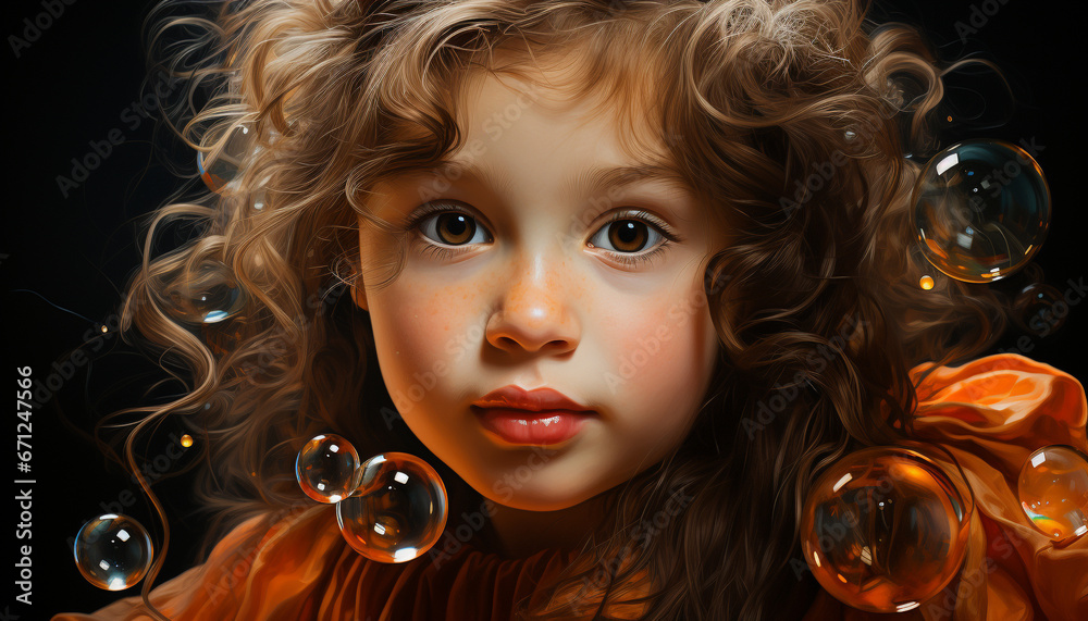 Cute child portrait, curly hair, smiling, looking at camera, innocence generated by AI