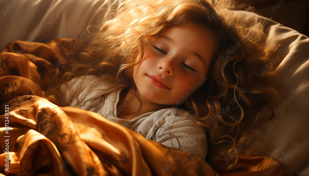 A cute child smiles, lying on a comfortable bed indoors generated by AI