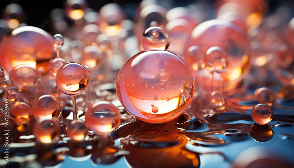 Reflection of nature in a glass sphere, water drops, transparent and wet generated by AI