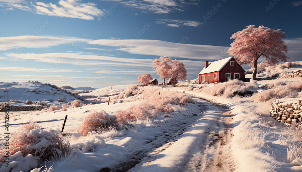 Snow covered landscape, frosty trees, and mountains create a winter wonderland generated by AI