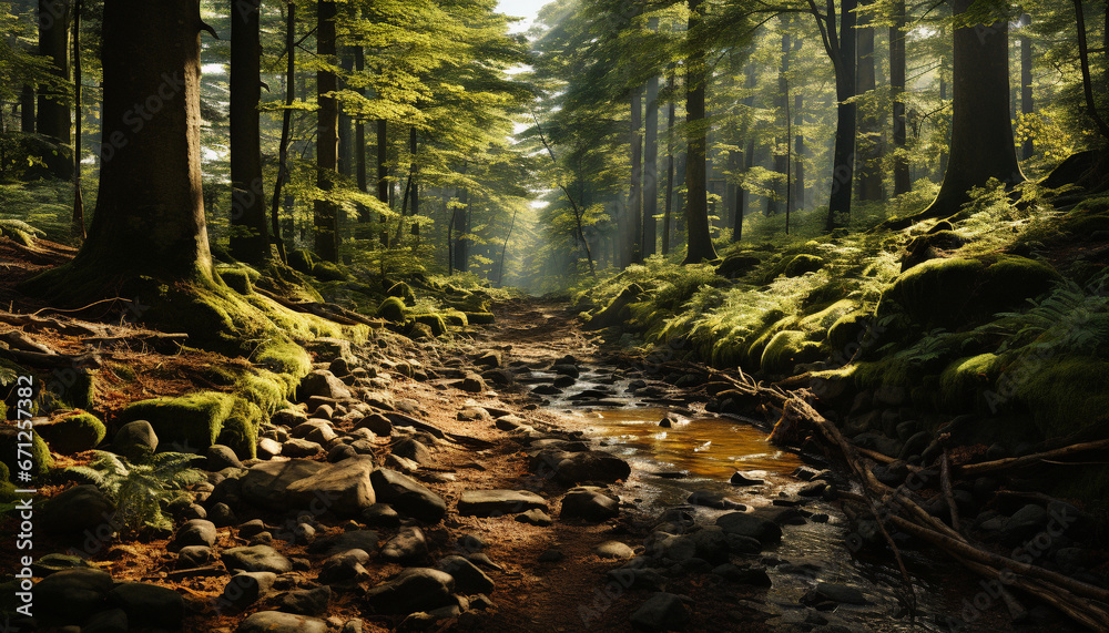 Tranquil scene of a wet forest with green foliage and sunlight generated by AI