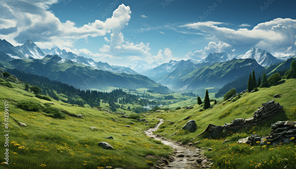 Majestic mountain peak, green meadow, tranquil forest, panoramic landscape generated by AI