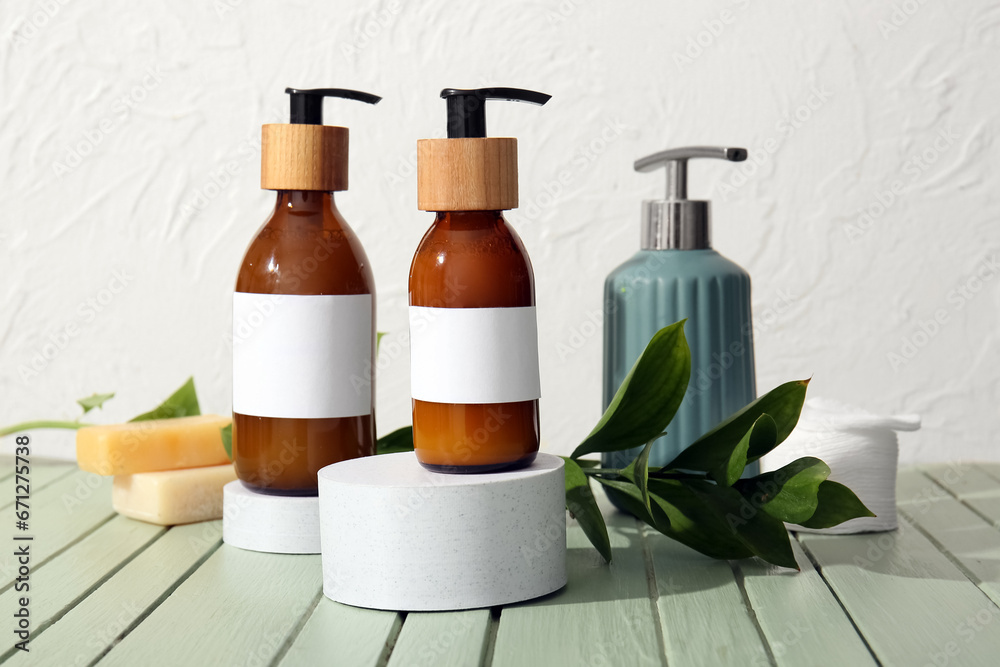 Bottles of shampoo on table