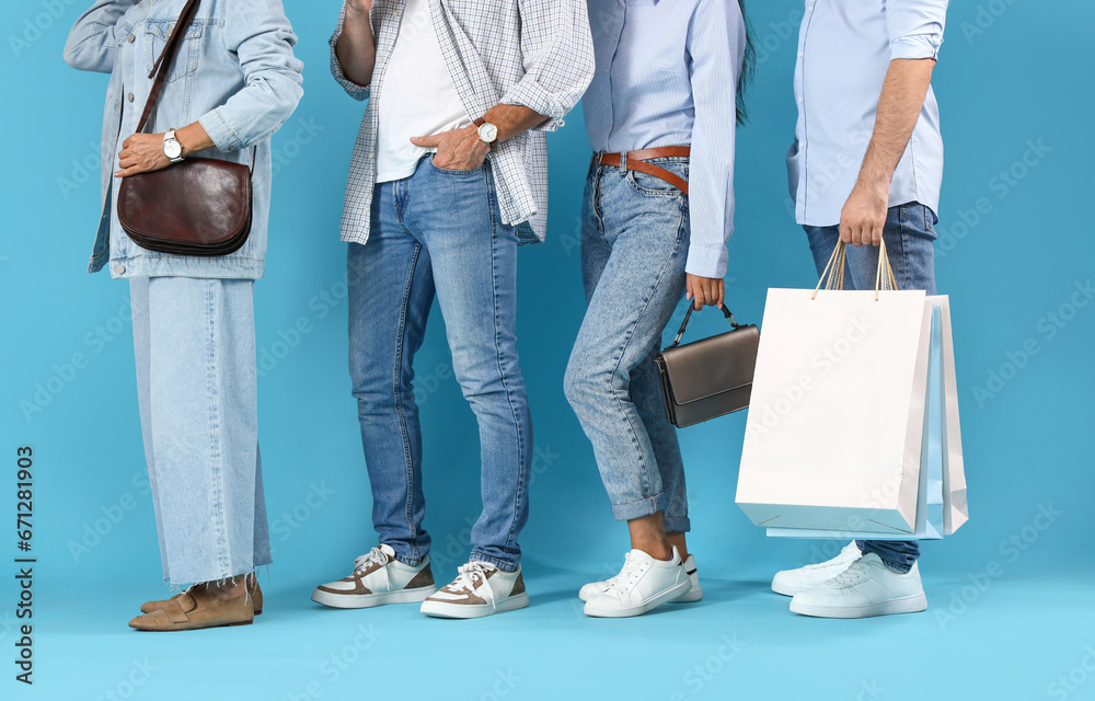 People waiting in line on blue background