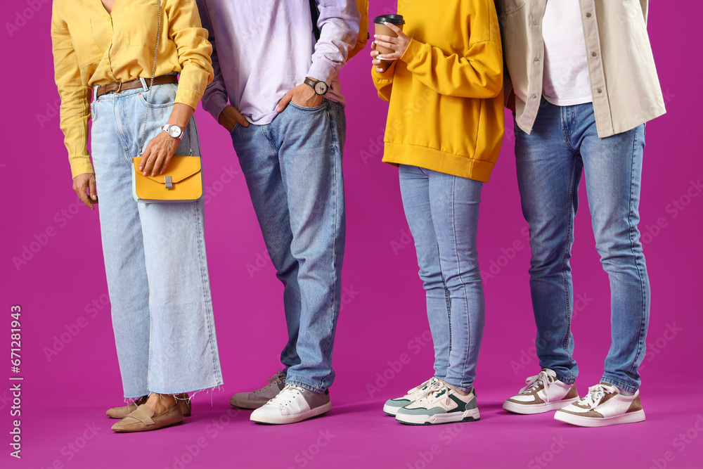 People waiting in line on purple background