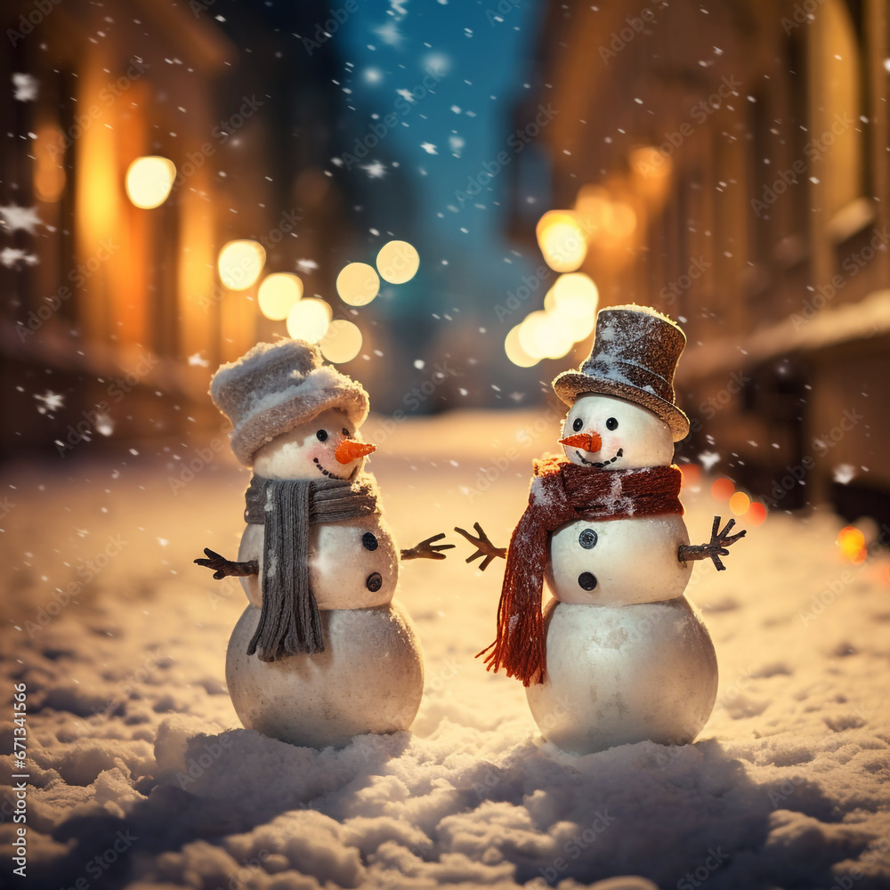 Happy cute snowmen with scarf and hat in an old town